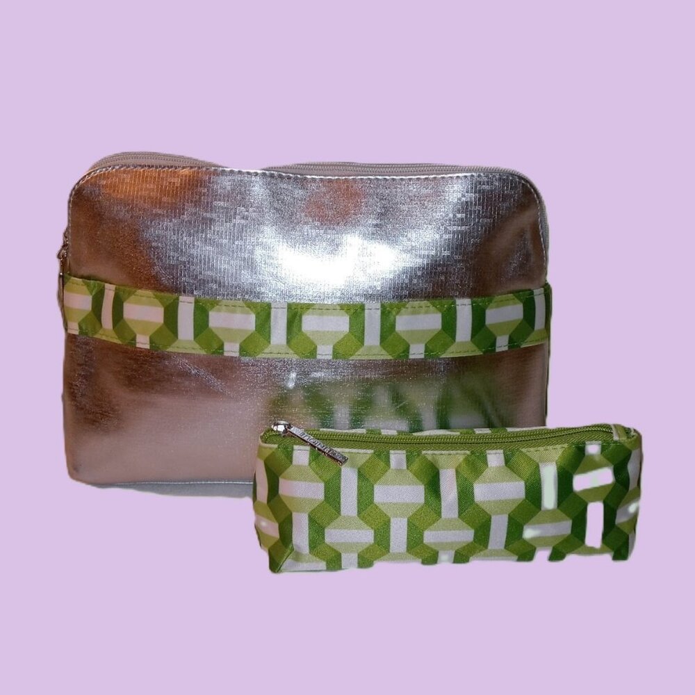 NWOT Clinique Silver/Green/White Cosmetic Bag & Pouch Set